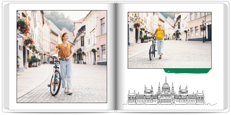 <p>Schilderachtig Boedapest, een kruidige keuken, een cruise op de rustige rivieren van de Donau... Dit sjabloon neemt je mee op een reis door Hongarije - uniek, omdat het versierd met jouw foto's is! Op elke pagina vindt je afbeeldingen in cartoonstijl,